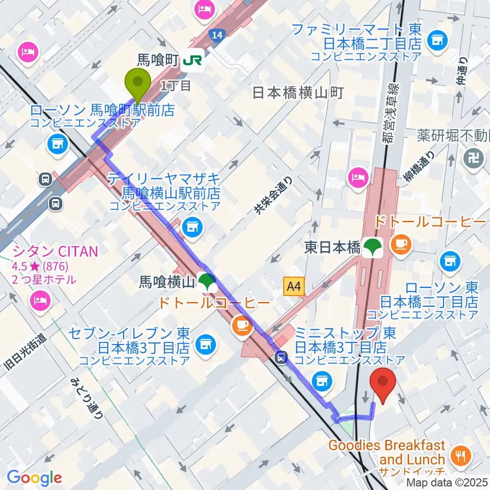 株式会社プリマ楽器の最寄駅馬喰町駅からの徒歩ルート（約6分）地図