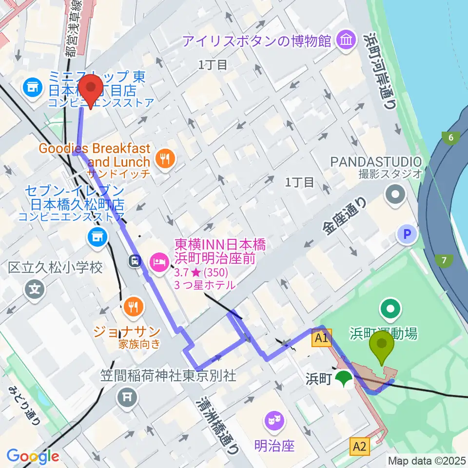 浜町駅から株式会社プリマ楽器へのルートマップ地図