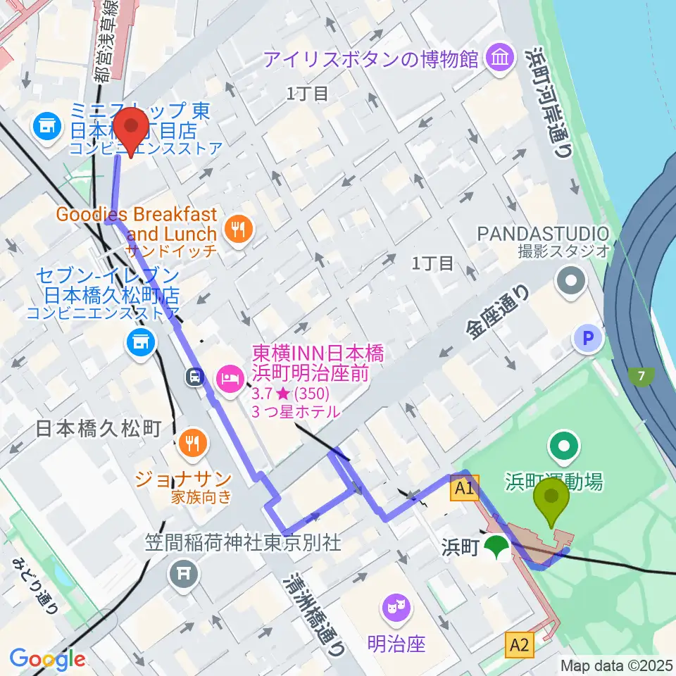 浜町駅から株式会社プリマ楽器へのルートマップ地図