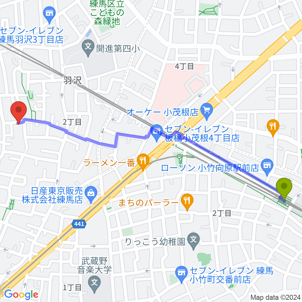 小竹向原駅からポルカバイオリンへのルートマップ地図
