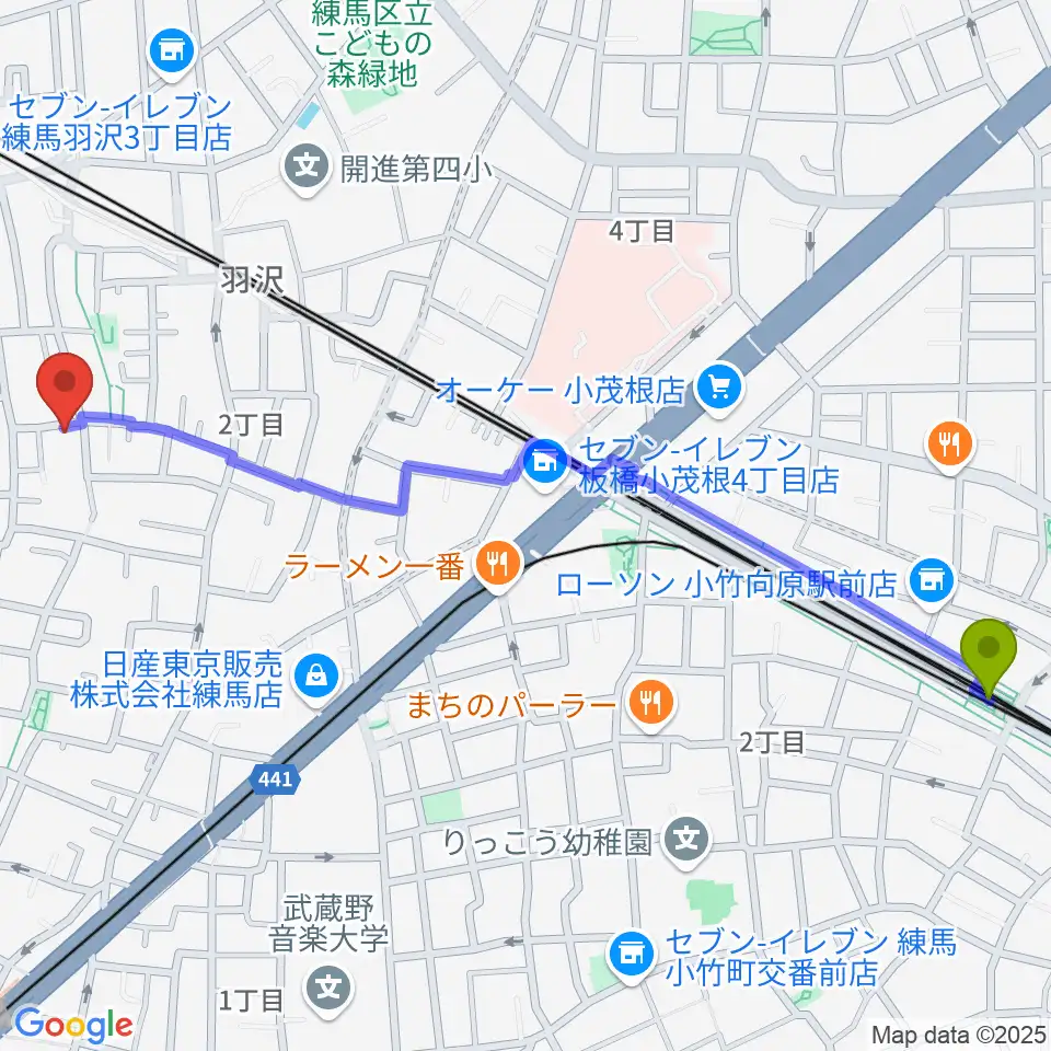 小竹向原駅からポルカバイオリンへのルートマップ地図