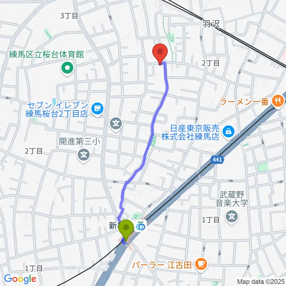 新桜台駅からポルカバイオリンへのルートマップ地図