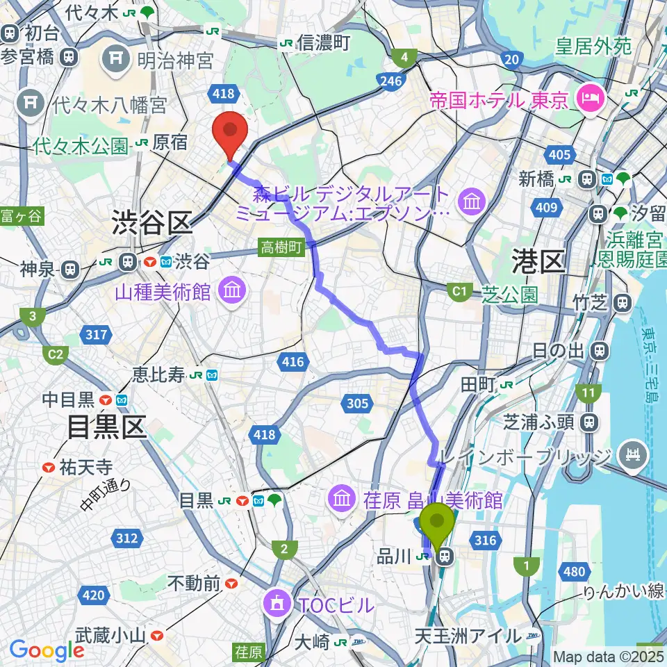 品川駅からスタインウェイ＆サンズ東京へのルートマップ地図