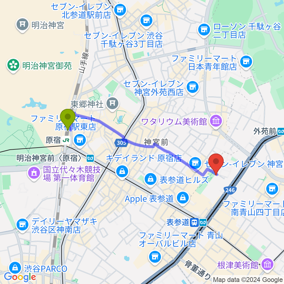 原宿駅からスタインウェイ＆サンズ東京へのルートマップ地図