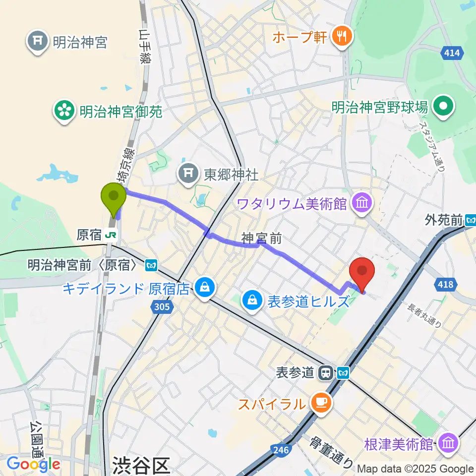 原宿駅からスタインウェイ＆サンズ東京へのルートマップ地図