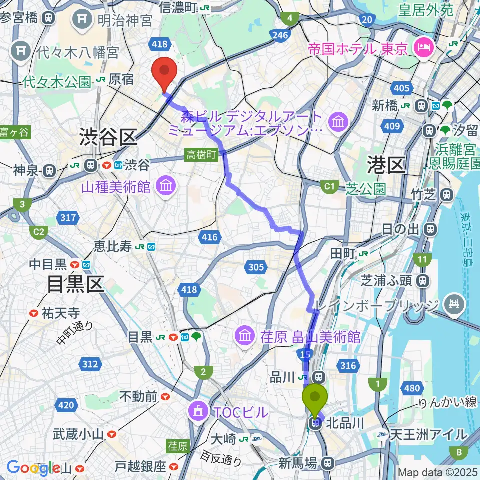北品川駅からスタインウェイ＆サンズ東京へのルートマップ地図