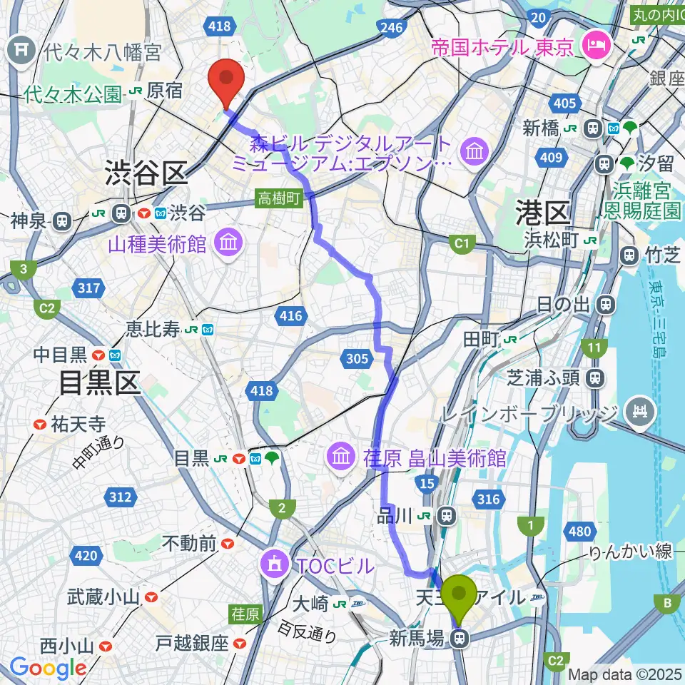 新馬場駅からスタインウェイ＆サンズ東京へのルートマップ地図