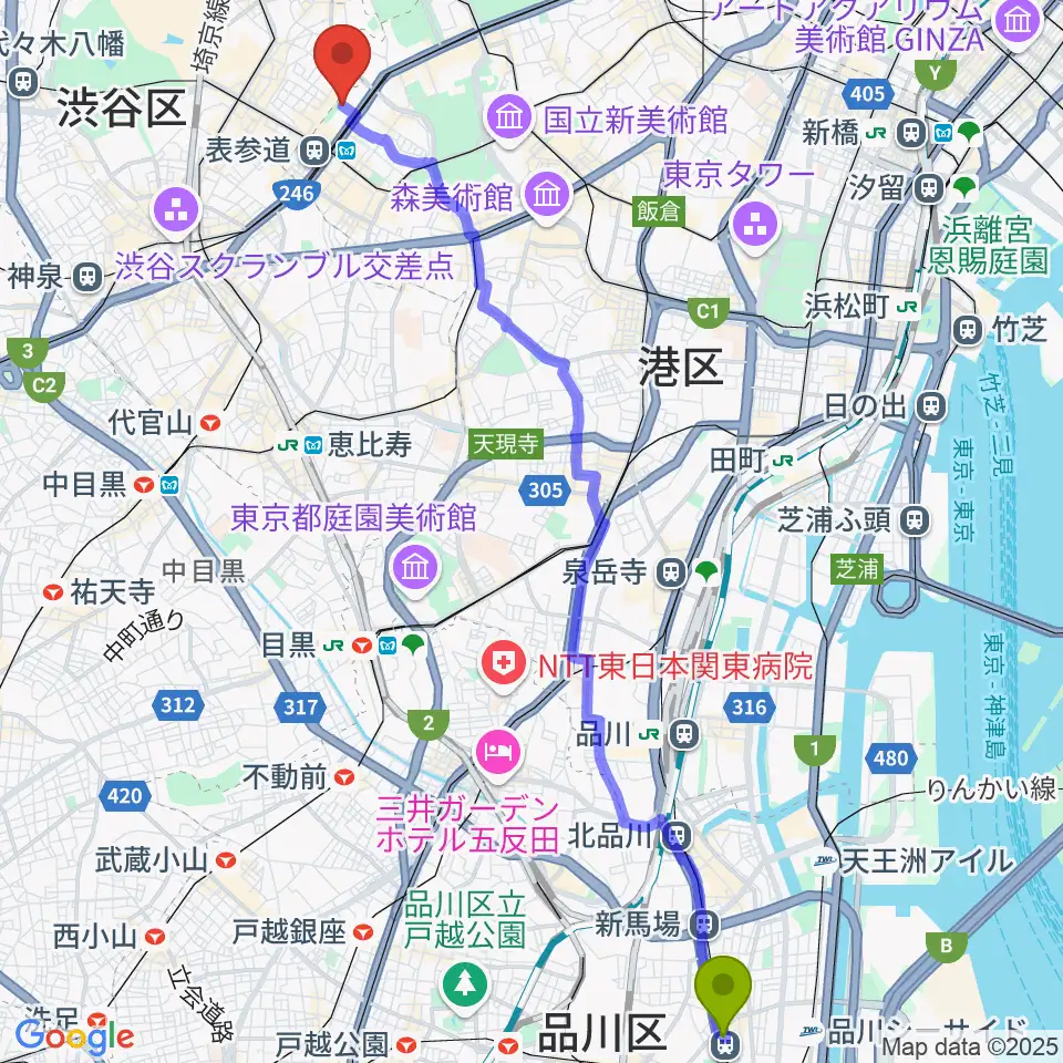青物横丁駅からスタインウェイ＆サンズ東京へのルートマップ地図