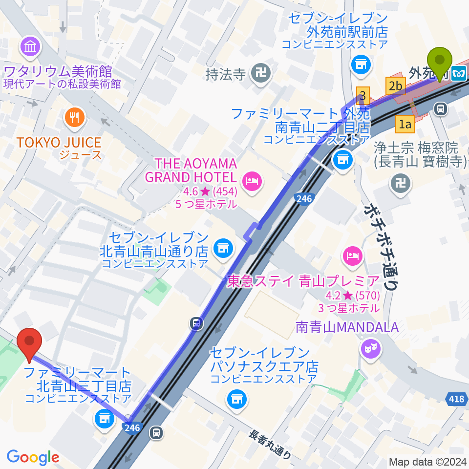 外苑前駅からスタインウェイ＆サンズ東京へのルートマップ地図