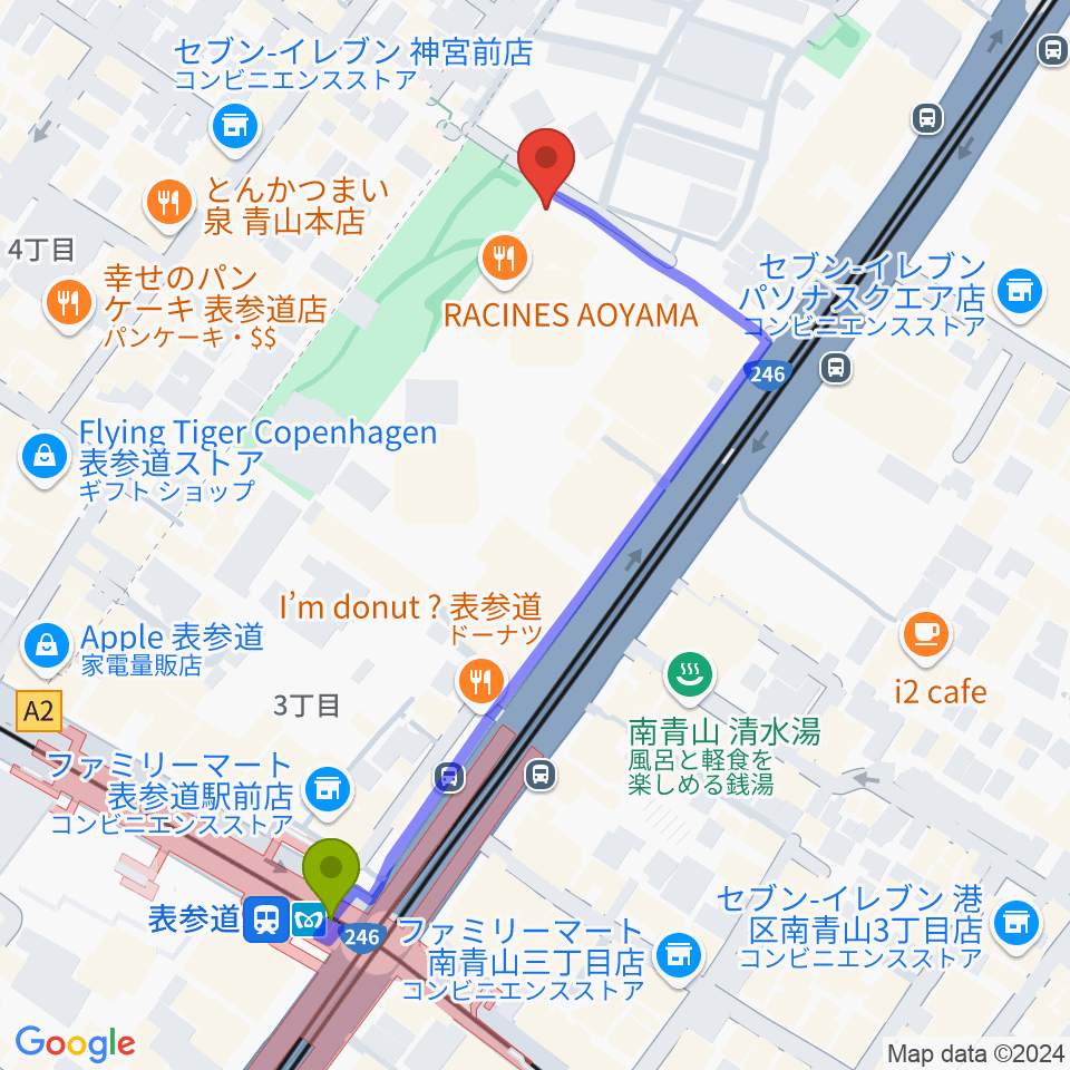 スタインウェイ＆サンズ東京の最寄駅表参道駅からの徒歩ルート（約5分）地図