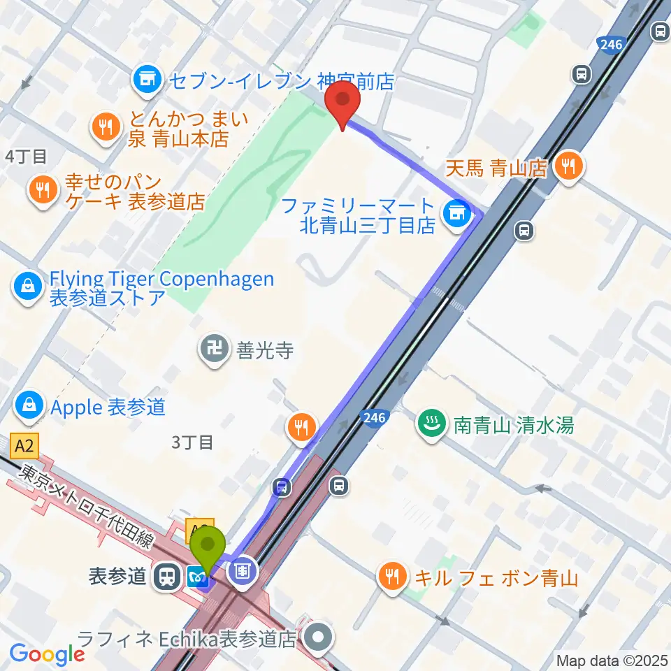 スタインウェイ＆サンズ東京の最寄駅表参道駅からの徒歩ルート（約5分）地図