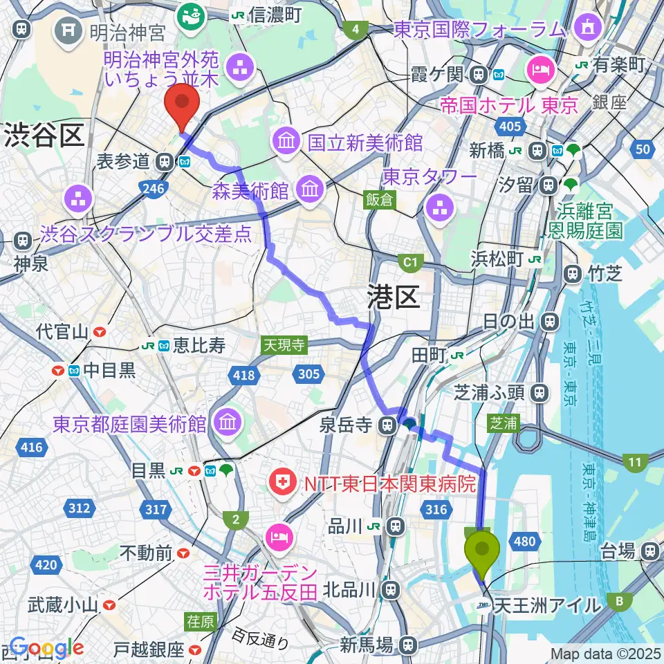 天王洲アイル駅からスタインウェイ＆サンズ東京へのルートマップ地図
