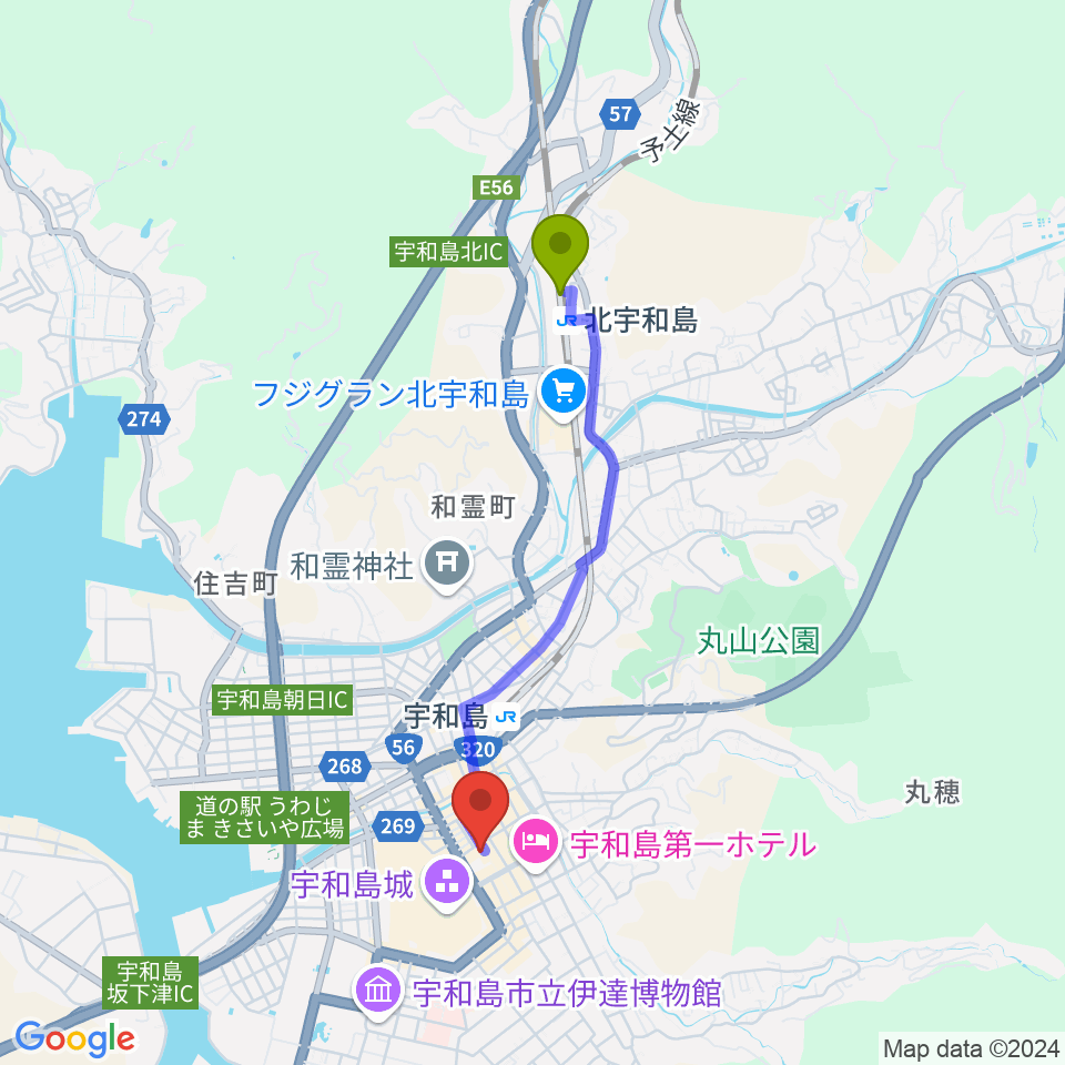 北宇和島駅からいわね楽器店へのルートマップ地図