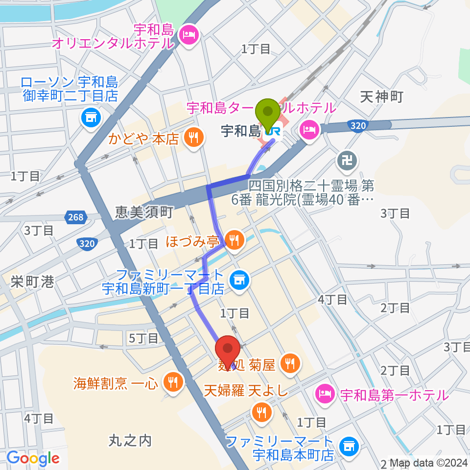 いわね楽器店の最寄駅宇和島駅からの徒歩ルート（約8分）地図