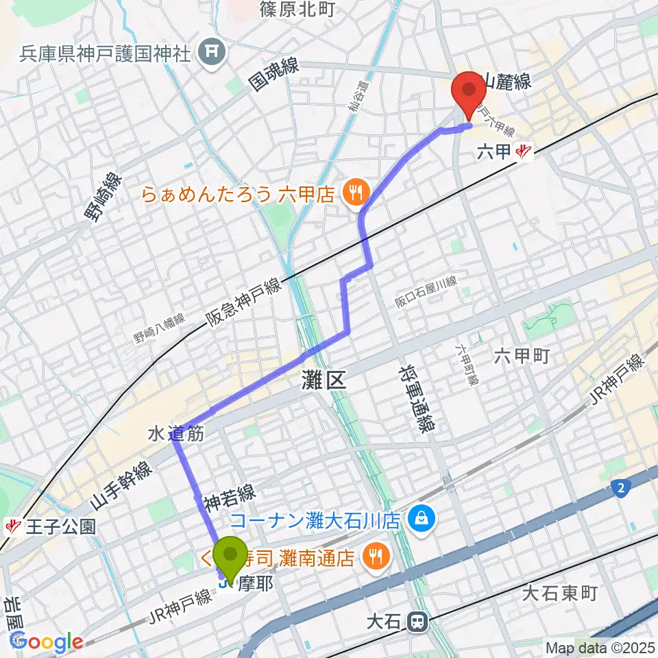 摩耶駅からバイオリン工房 音屋へのルートマップ地図