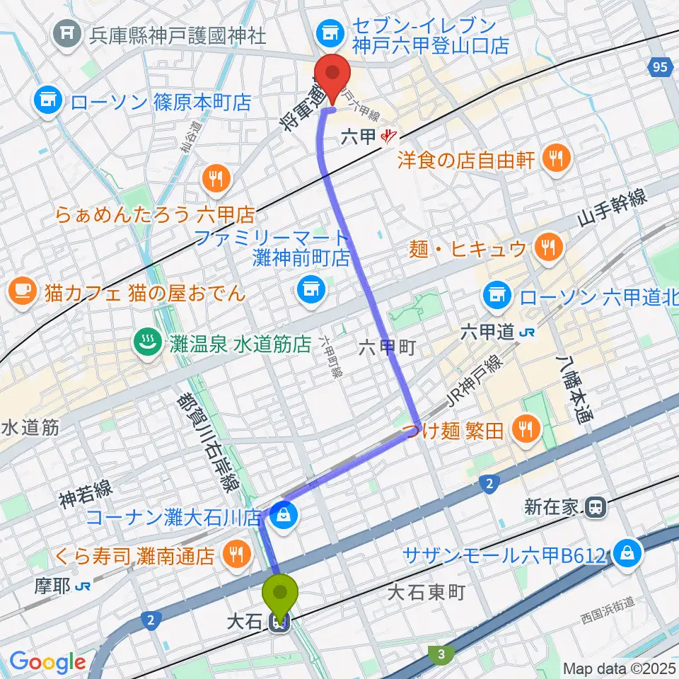 大石駅からバイオリン工房 音屋へのルートマップ地図