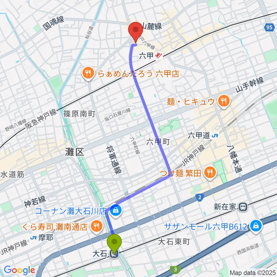 大石駅からバイオリン工房 音屋へのルートマップ地図