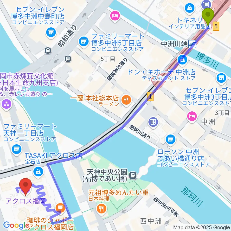 中洲川端駅からアクロス福岡へのルートマップ地図