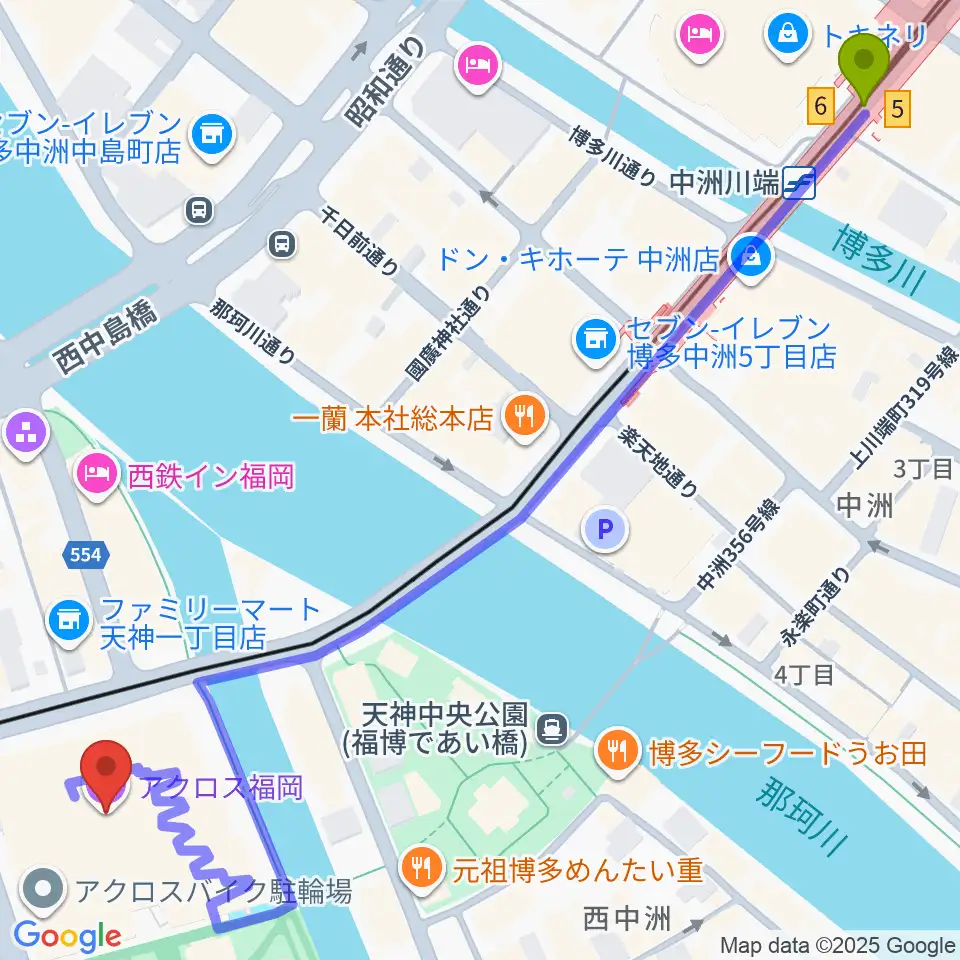 中洲川端駅からアクロス福岡へのルートマップ地図
