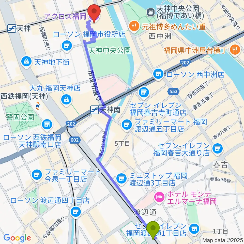 渡辺通駅からアクロス福岡へのルートマップ地図