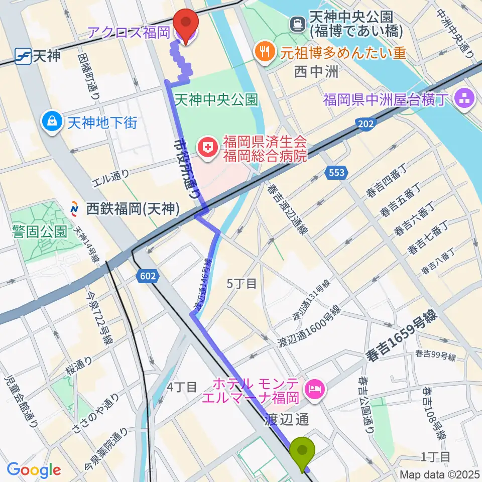 渡辺通駅からアクロス福岡へのルートマップ地図