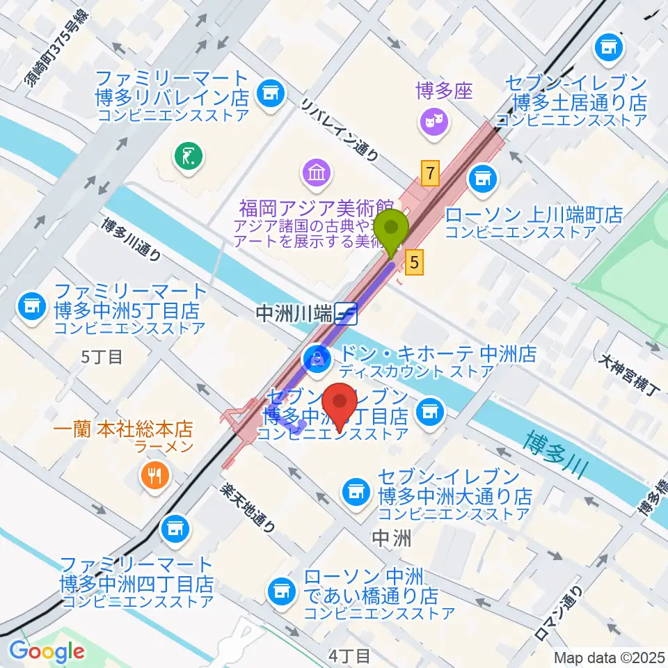 Gate's7の最寄駅中洲川端駅からの徒歩ルート（約2分）地図