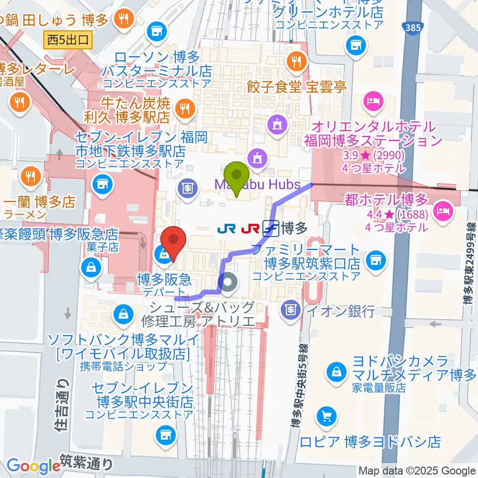 JR九州ホールの最寄駅博多駅からの徒歩ルート（約2分）地図