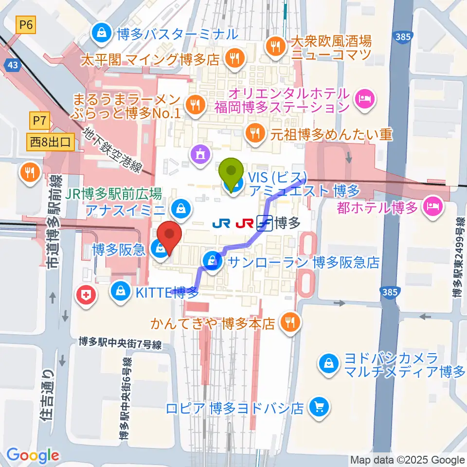 JR九州ホールの最寄駅博多駅からの徒歩ルート（約2分）地図