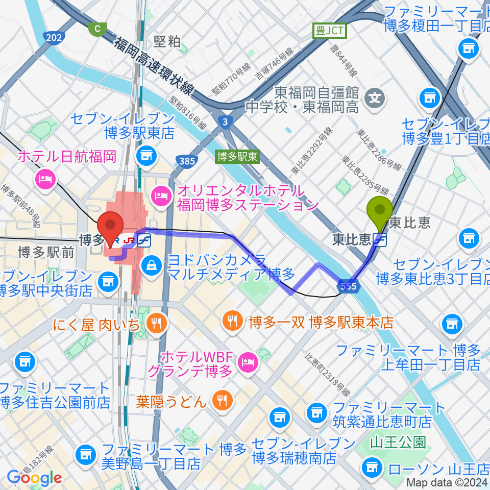 東比恵駅からJR九州ホールへのルートマップ地図