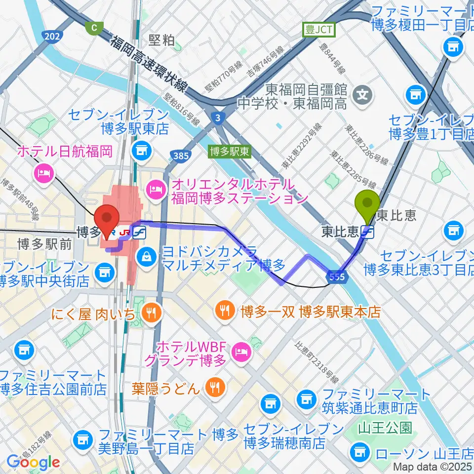 東比恵駅からJR九州ホールへのルートマップ地図