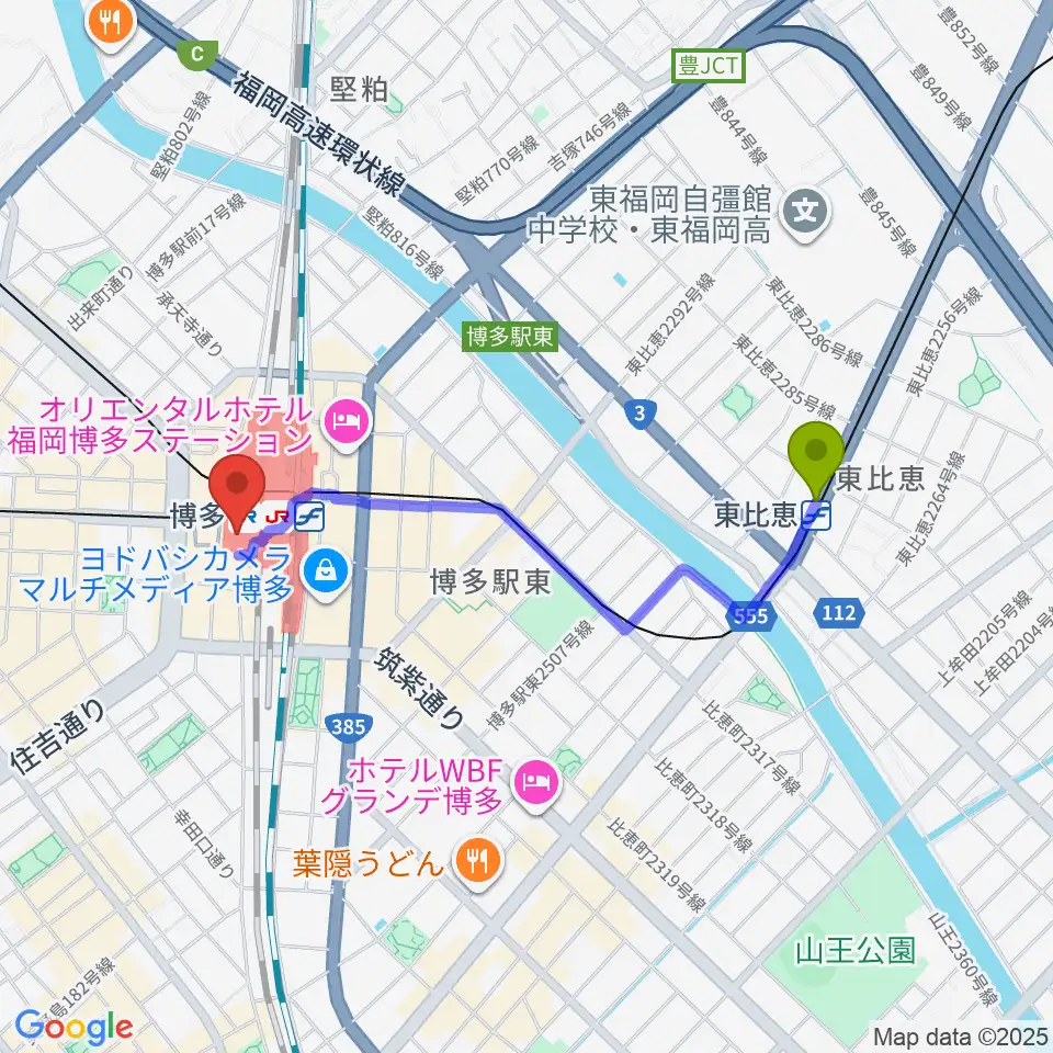 東比恵駅からJR九州ホールへのルートマップ地図