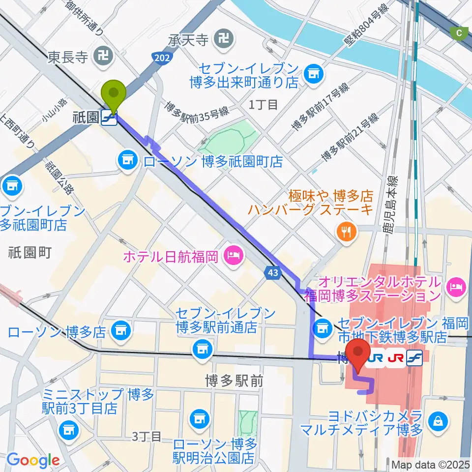 祇園駅からJR九州ホールへのルートマップ地図