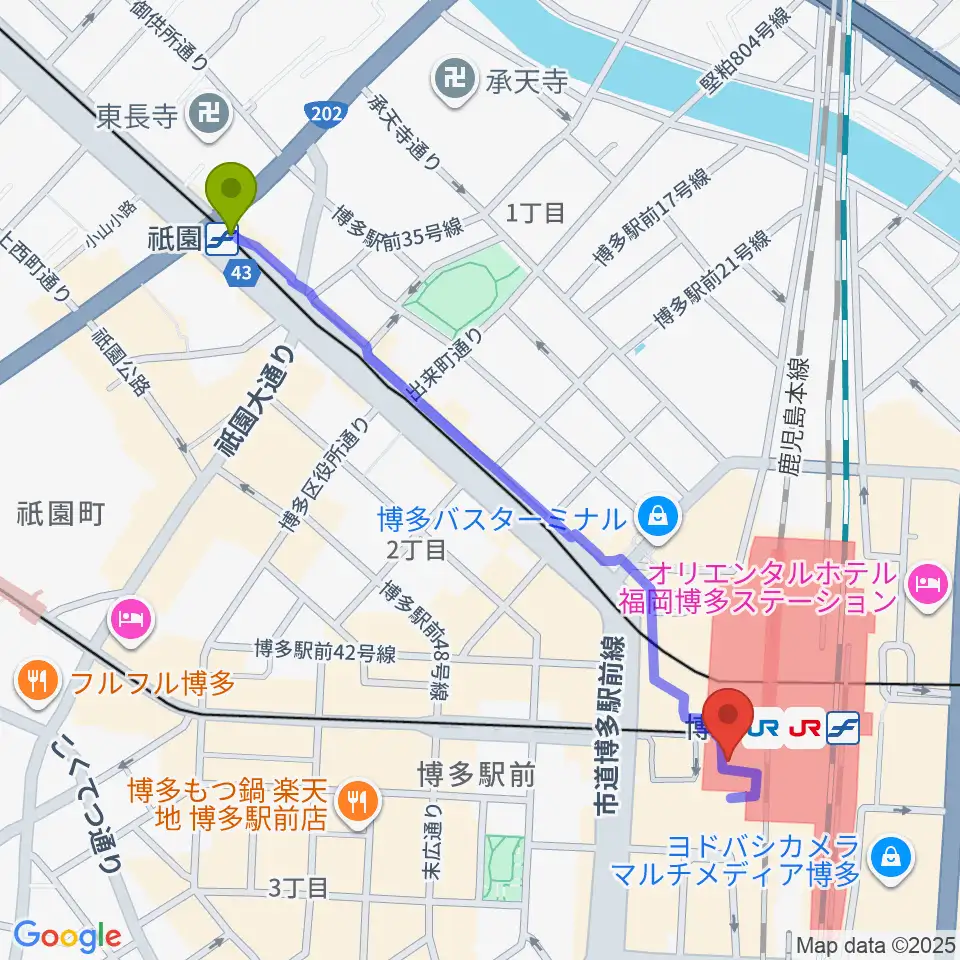 祇園駅からJR九州ホールへのルートマップ地図