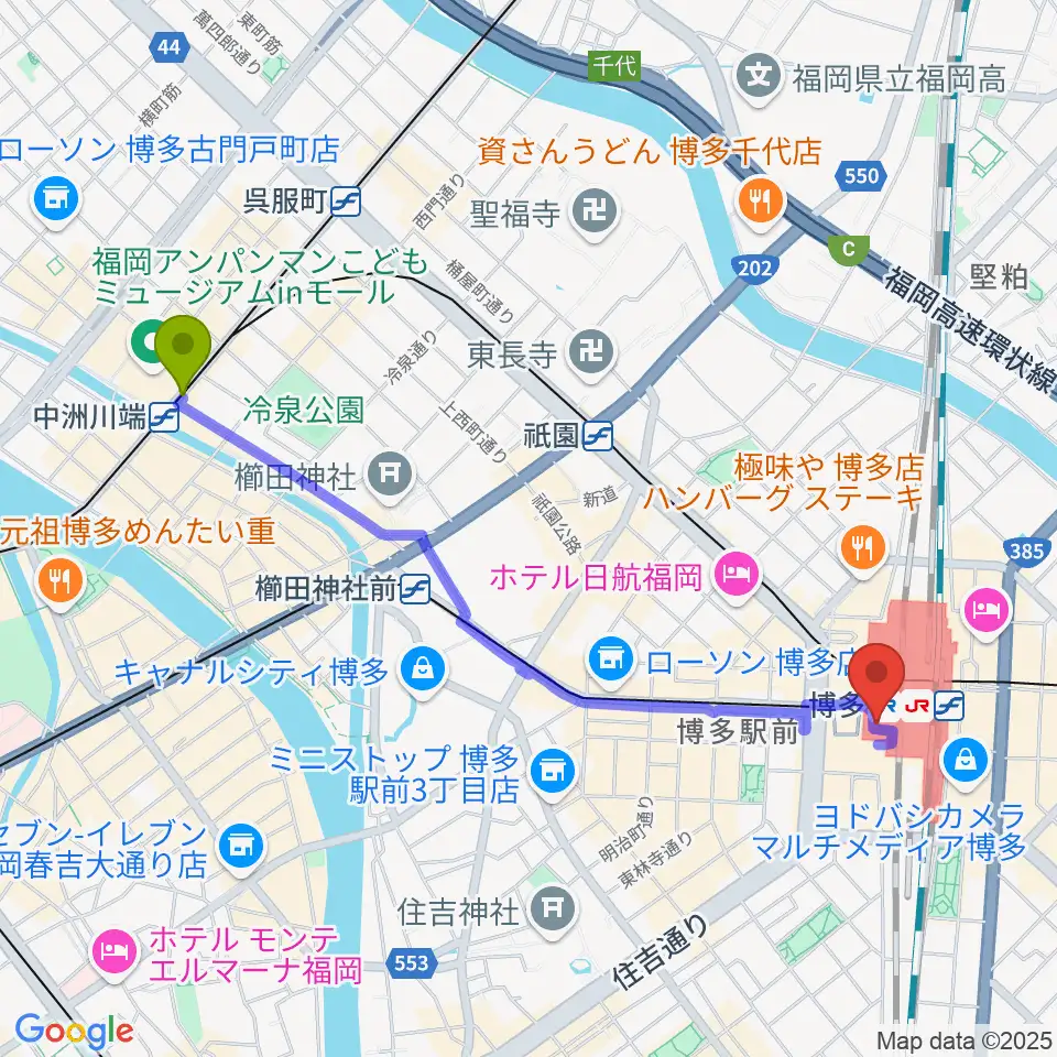 中洲川端駅からJR九州ホールへのルートマップ地図