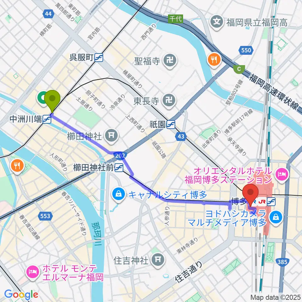 中洲川端駅からJR九州ホールへのルートマップ地図
