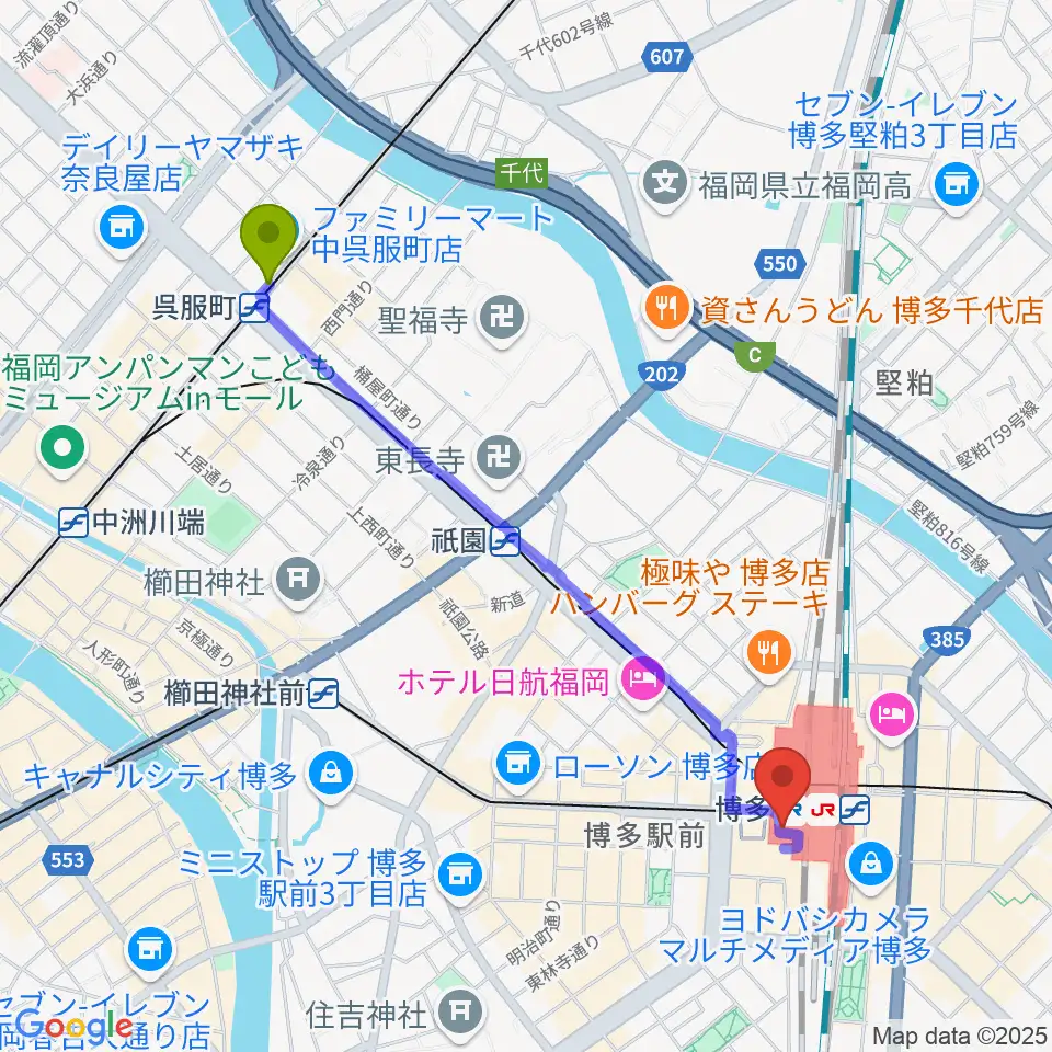 呉服町駅からJR九州ホールへのルートマップ地図