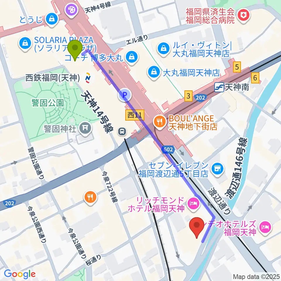 西鉄福岡（天神）駅から福岡トヨタホール スカラエスパシオへのルートマップ地図