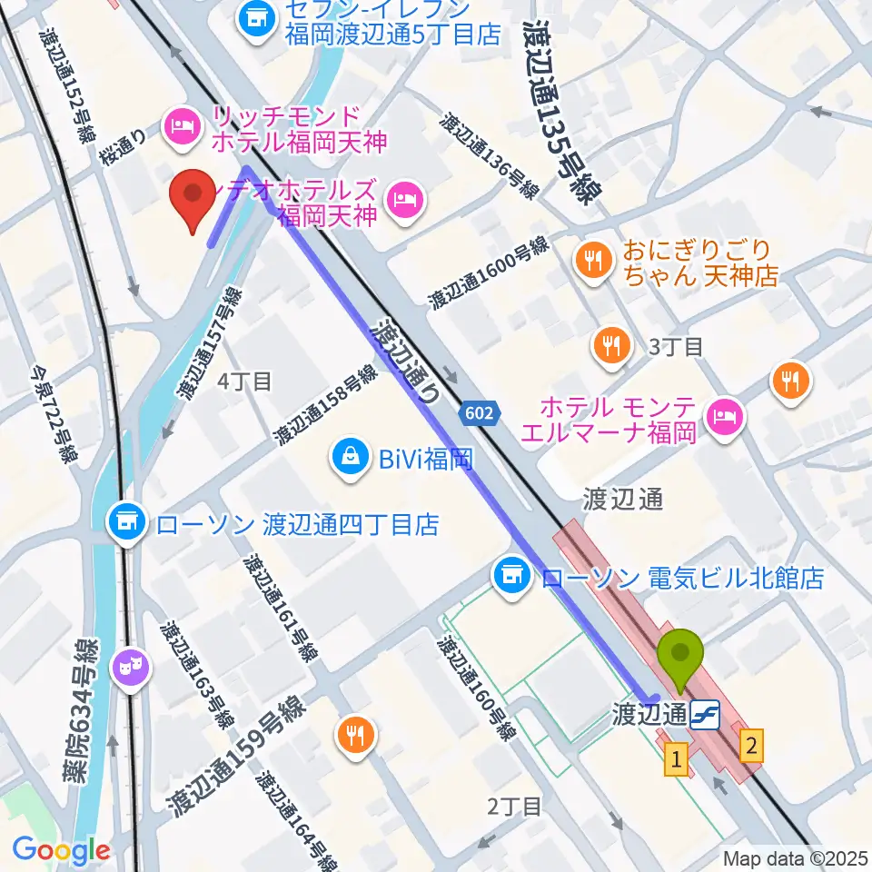 渡辺通駅から福岡トヨタホール スカラエスパシオへのルートマップ地図