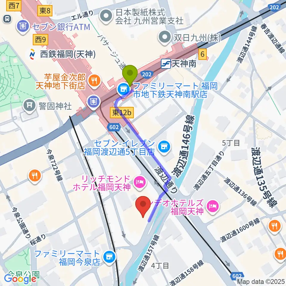 福岡トヨタホール スカラエスパシオの最寄駅天神南駅からの徒歩ルート（約4分）地図