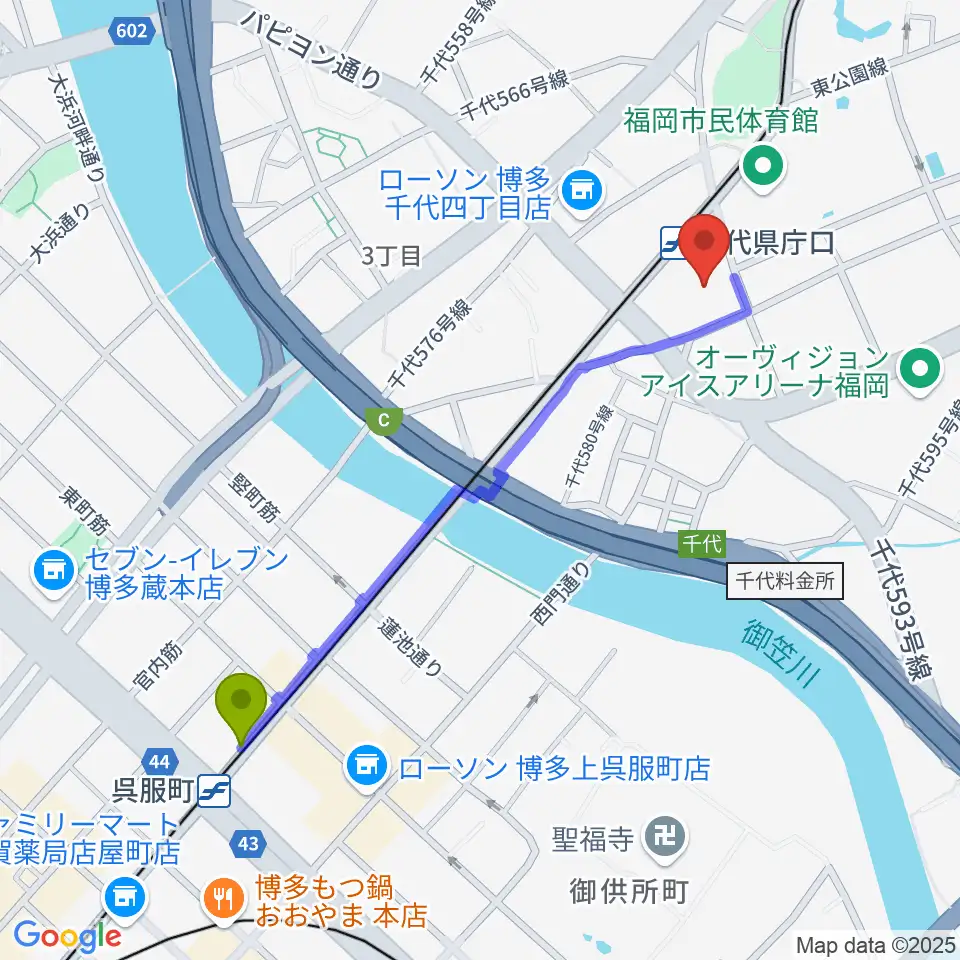 呉服町駅からガスホールへのルートマップ地図