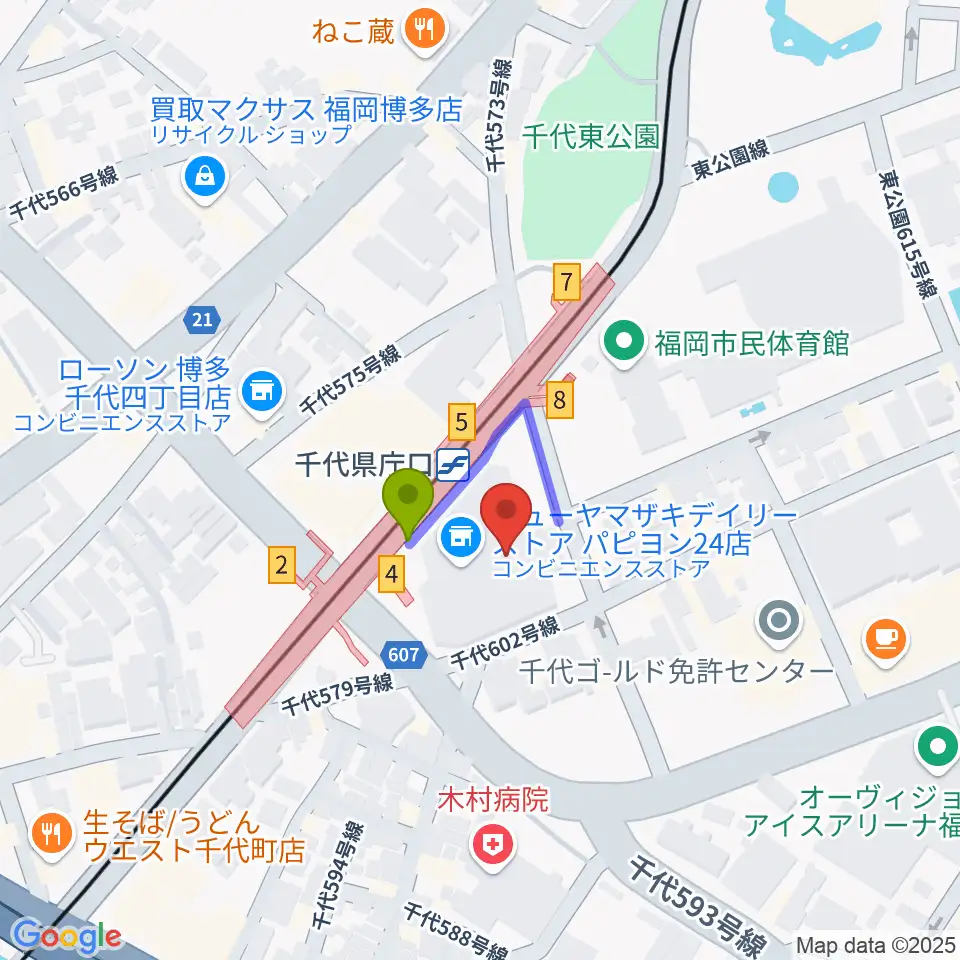 ガスホールの最寄駅千代県庁口駅からの徒歩ルート（約1分）地図