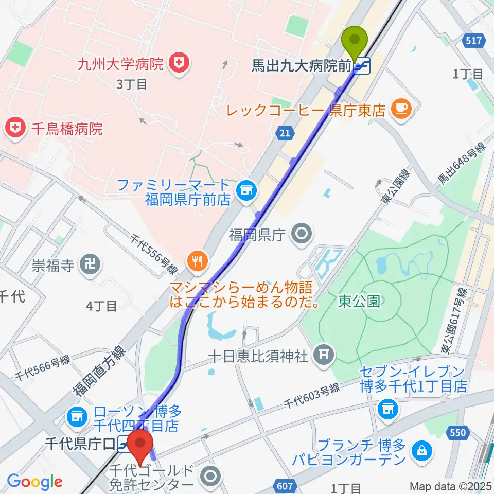 馬出九大病院前駅からガスホールへのルートマップ地図