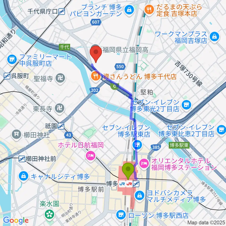 博多駅から石蔵酒造 博多百年蔵へのルートマップ地図