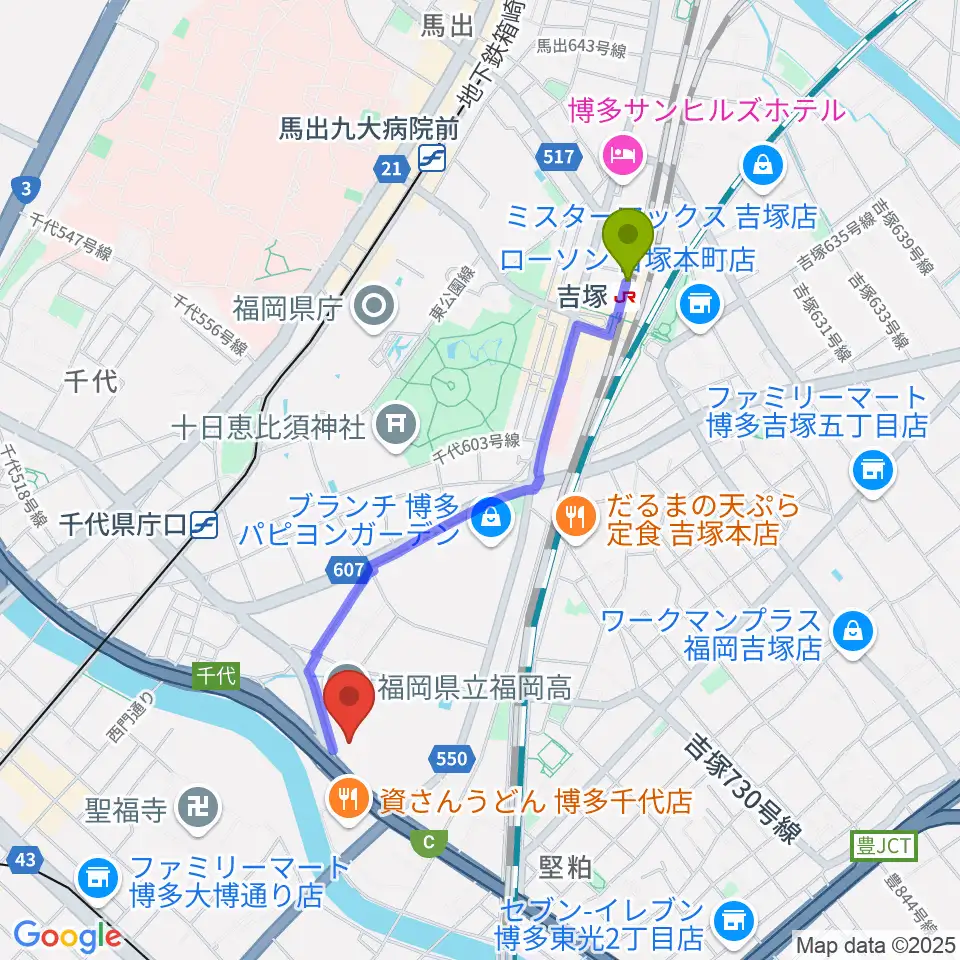 吉塚駅から石蔵酒造 博多百年蔵へのルートマップ地図