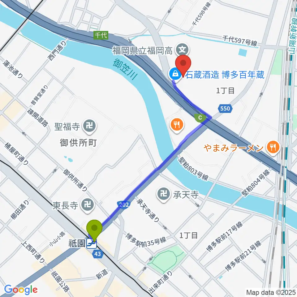 祇園駅から石蔵酒造 博多百年蔵へのルートマップ地図