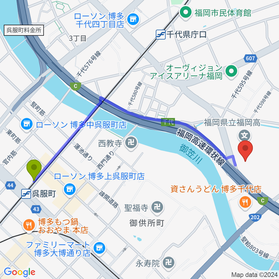 呉服町駅から石蔵酒造 博多百年蔵へのルートマップ地図