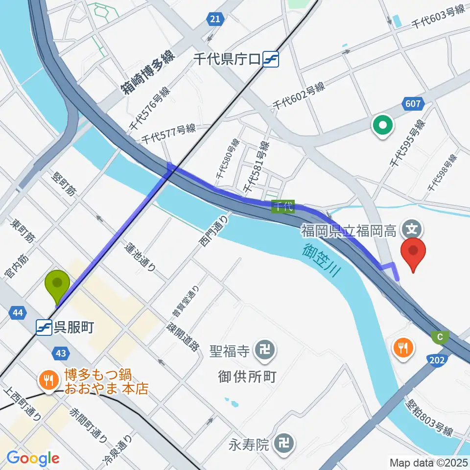 呉服町駅から石蔵酒造 博多百年蔵へのルートマップ地図