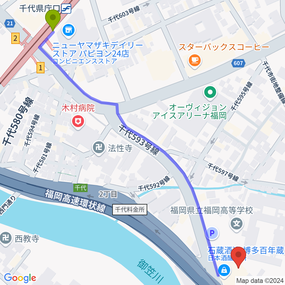 石蔵酒造 博多百年蔵の最寄駅千代県庁口駅からの徒歩ルート（約8分）地図