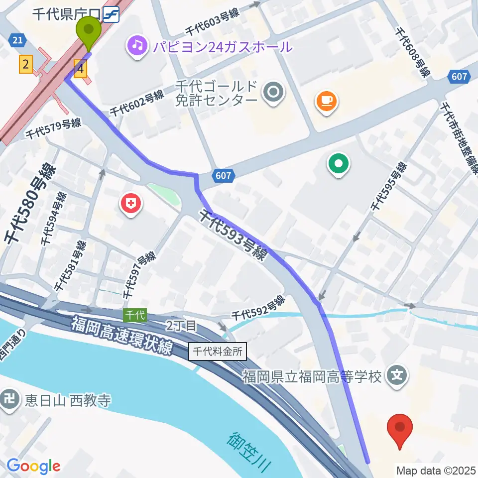 石蔵酒造 博多百年蔵の最寄駅千代県庁口駅からの徒歩ルート（約8分）地図