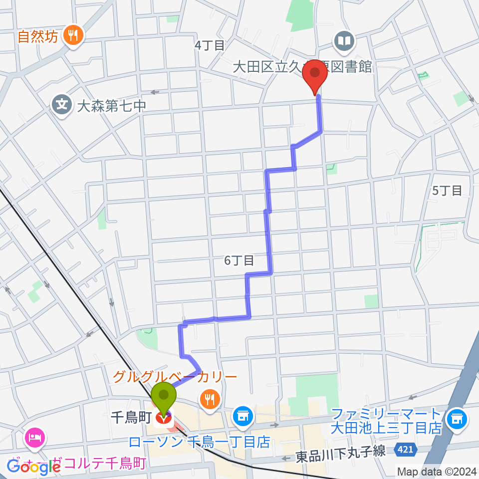 窪田ヴァイオリン教室の最寄駅千鳥町駅からの徒歩ルート（約12分）地図